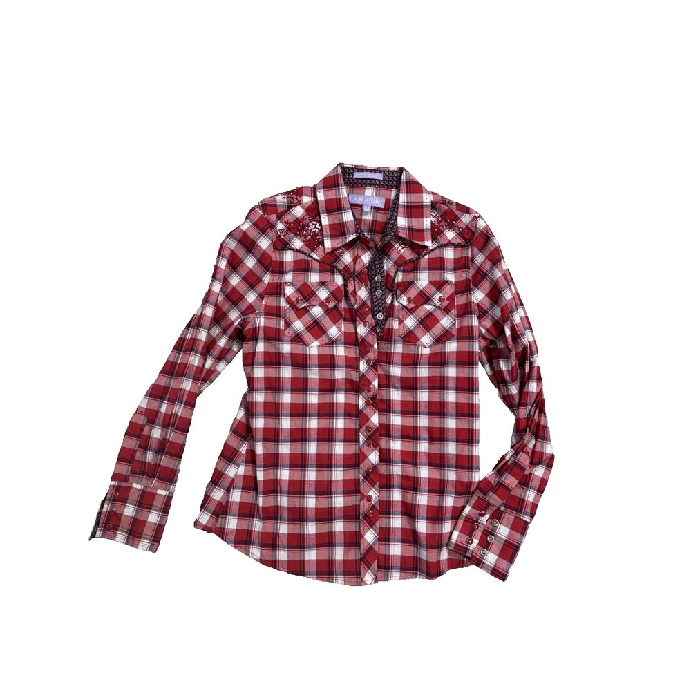 Lamasini‎ Women Large Plaid Long Sleeve Pearl Snap Western Shirt Embroidered
